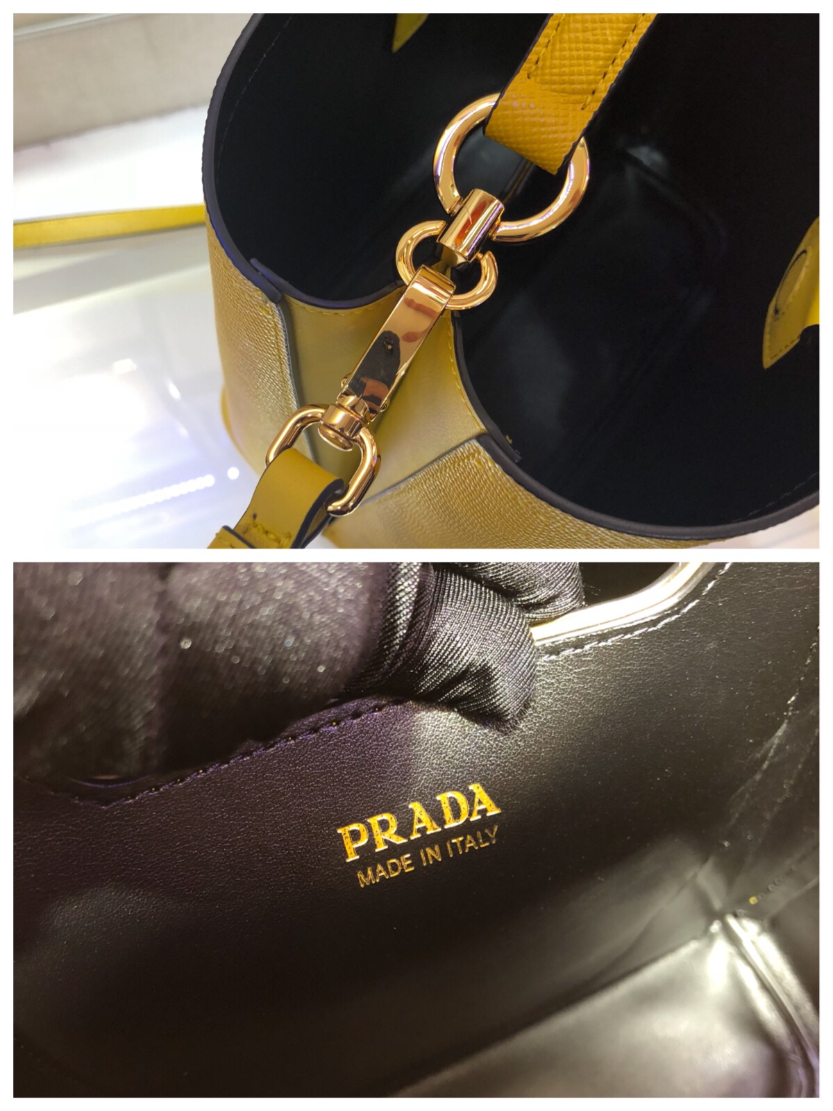 Prada Medium Panier Saffiano Leather Bag Lemon Yellow/Black 1BA212